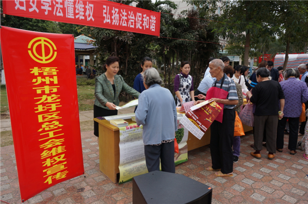 龍圩區(qū)總工會(huì)在2015年3月開(kāi)展迎&ldquo;三八&rdquo;婦女維權(quán)月普法活動(dòng)，以&ldquo;婦女法治懂維權(quán)，頌揚(yáng)法治促和諧&rdquo;為指導(dǎo)思想，開(kāi)展了以&ldquo;