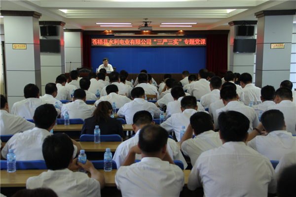 6月5日，蒼梧縣水利電業(yè)有限公司開展 &ldquo;三嚴(yán)三實&rdquo;專題教育黨課暨黨風(fēng)廉政教育培訓(xùn)，黨課邀請蒼梧縣人民檢察副檢察長莫孔文為